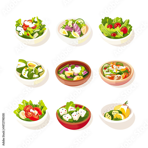 Isometric vector collection of nine healthy fresh vegetable and cheese salads in bowls with greens tomatoes cucumbers and herbs flat minimalist style