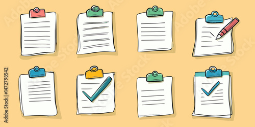 Hand drawn checklist set with clipboards and papers featuring check marks and pencil in flat minimalist vector style on yellow background