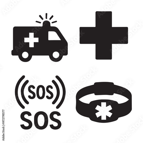 Medical Alert Symbols – Ambulance Icon, Cross, SOS Signal, and Emergency ID Bracelet