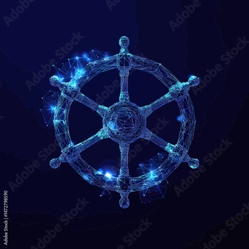 Digital wireframe ship wheel with glowing blue polygonal low poly effects on dark background representing navigation leadership and marine concept illustration