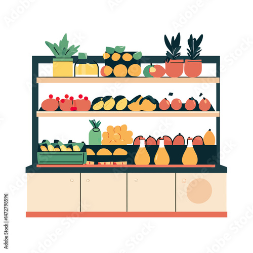 Flat minimalist vector illustration of organic grocery store shelf with various fruits and vegetables displayed in crates and baskets on modern shelves