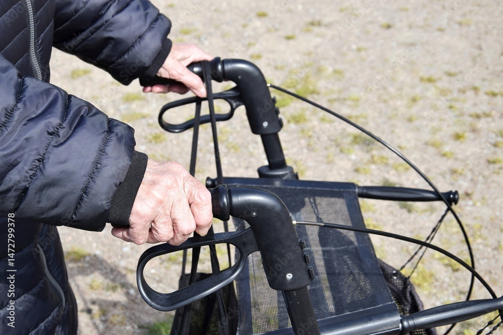 Obraz premium An elderly woman holds the handles of a walker while walking