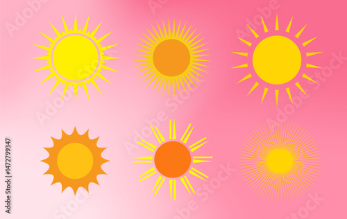 Sun in orange yellow colors with rays on pink gradient background