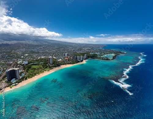kona aerial view scenic panorama of blue waters and sandy beaches with cityscape against the sky photo