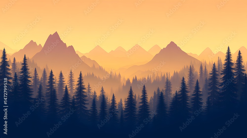 Obraz premium Misty mountain range landscape with pine forest trees nature background vector illustration design
