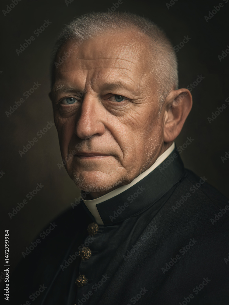 Fototapeta premium Retrato de sacerdote mayor con expresión seria en fondo oscuro