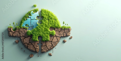  conceptual image shows a fragmented Earth as puzzle pieces with dry cracked soil, vibrant green grass, and blue water segments against a muted green background