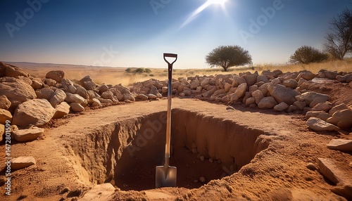 a hole dug by archaeologist for an excavation project there s a pick in the grave next to a stack of flat rocks used as a historic house foundation the ground is made up of sand soil and large rock