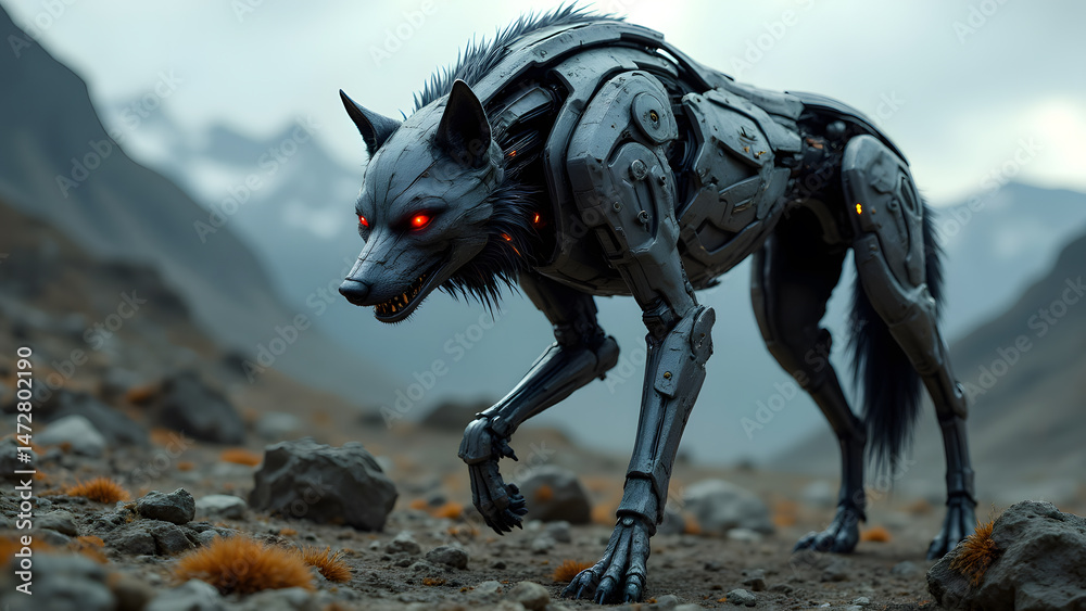 Obraz premium Cybernetic Wolf: A striking image of a robotic wolf prowling across a rocky terrain, with piercing red eyes. Embodying strength and the fusion of nature and technology.