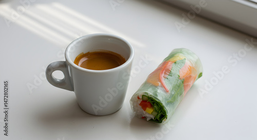 Morning Routine Featuring Espresso With Fresh Spring Roll Delight