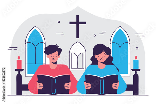 Devout couple reading bible together in church, peaceful worship moment vector illustration