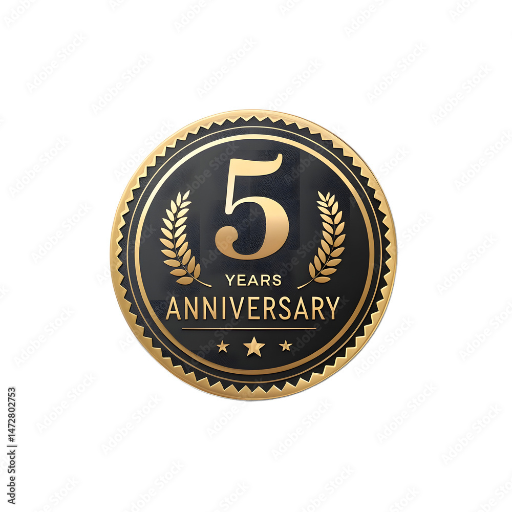 Fototapeta premium 5 Years Anniversary Gold Badge with Laurel Wreath on Transparent Background