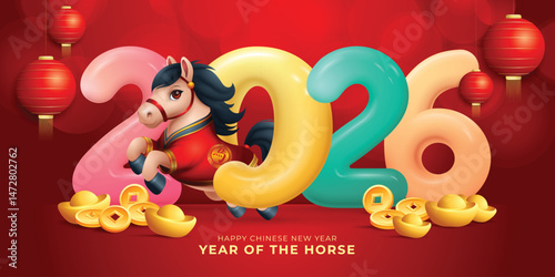Year of the horse 2026. 3D horse with 2026 number, coin and ingots. Translation : Horse