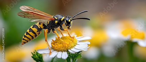 Wasp enjoying daisy nectar