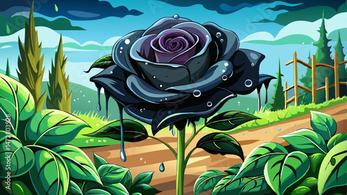 blue rose with dew drops in garden at a tilt angle