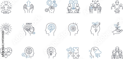 Mental health icon set. Collection of meditation, anger, anxiety, psychosis, depression and more.