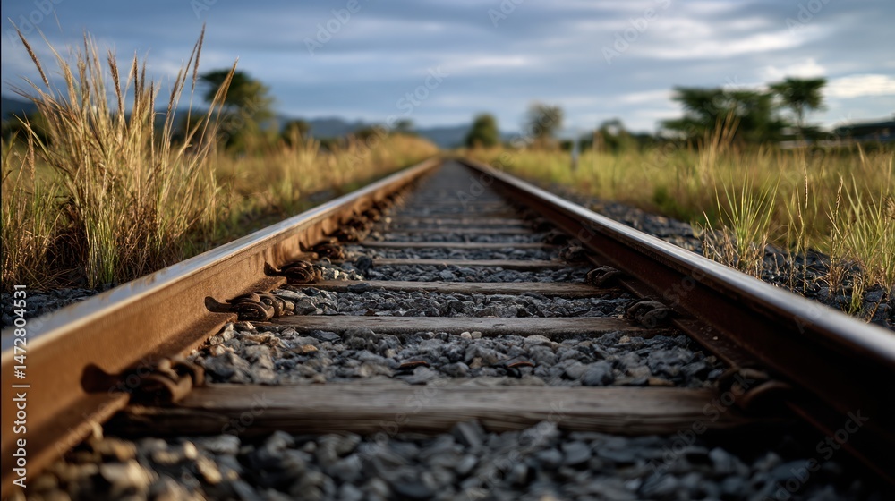 Fototapeta premium Railway track stretches into the distance through a field under a cloudy sky.
