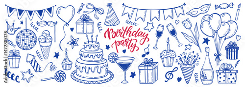 big set of hand drawn doodle cartoon objects and symbols on the birthday party. design holiday greeting card and invitation of wedding, Happy mother day, birthday, Valentine s day and holidays
