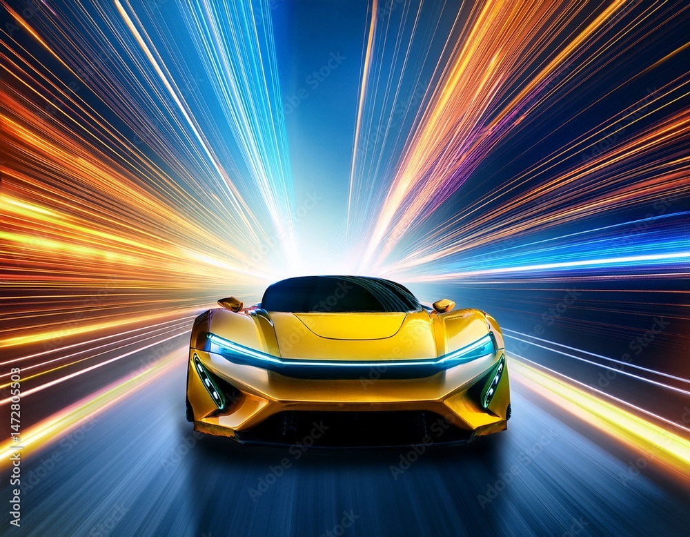 Naklejka premium futuristic yellow vehicle speeding through vibrant light trails in motion