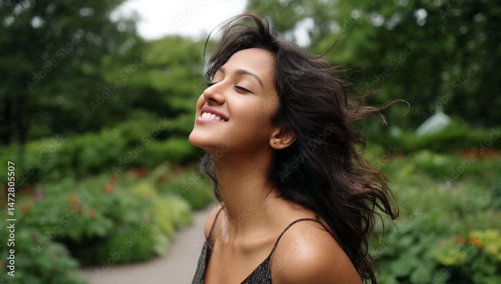 Smiling woman enjoys outdoors in park with blurred trees; possible wellness use Smiling woman enjoys outdoors in park with blurred trees; possible wellness use
