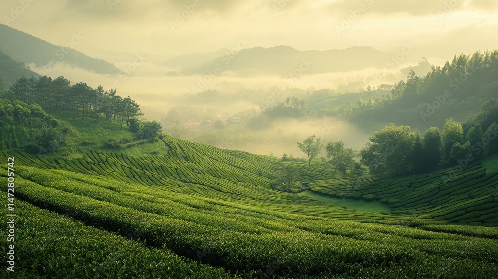 Obraz premium Misty landscape of a terraced tea plantation.