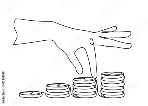 Single continuous line drawing step of coins stacks, money, saving and investment or family planning. Concept for return money saving and investment. One line draw vector. Editable stroke.