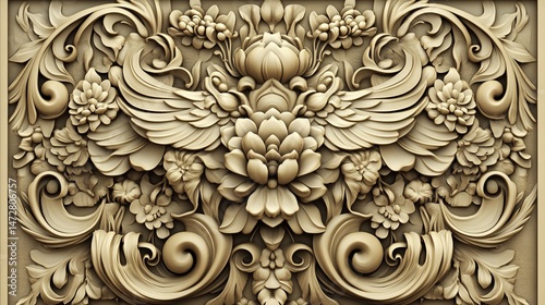 Fototapeta Naklejka Na Ścianę i Meble -  Elegant beige 3d floral carving intricate design background texture art wood home wall craft stone