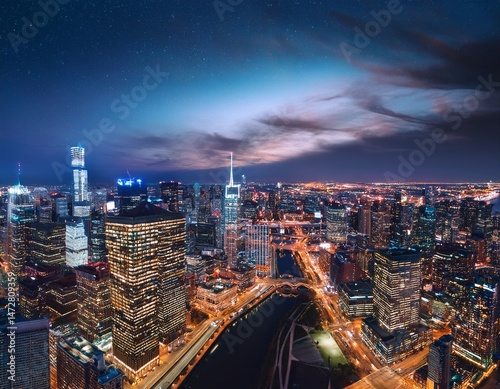 aerial view of megapolis at night drone view skyscrapers urban architecture cityscape at nighttime downtown view of big city
