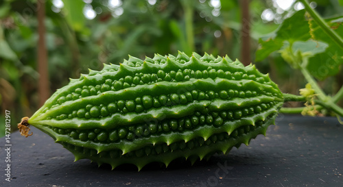 A Green Bitter Melon On An Unpolished Black Surface Close Up
