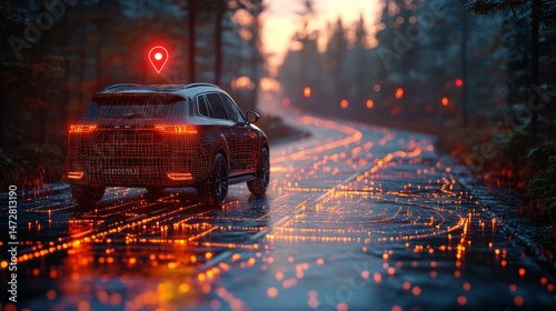 Futuristic car navigating on illuminated road in forest at dusk  