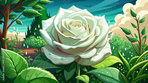 white rose with dew drops in garden at a tilt angle