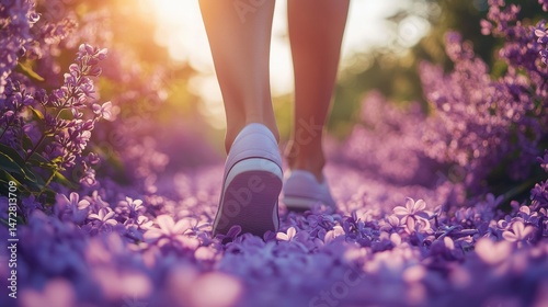Woman walking through purple flower field at sunrise  