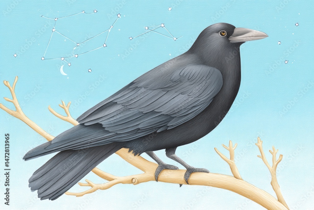 Fototapeta premium A Raven Sits Gracefully on a Branch, Silhouetted Against a Vibrant Blue Sky. The Deep Azure Backdrop is Adorned With a Breathtaking Display of Celestial Constellations, Twinkling Brightly
