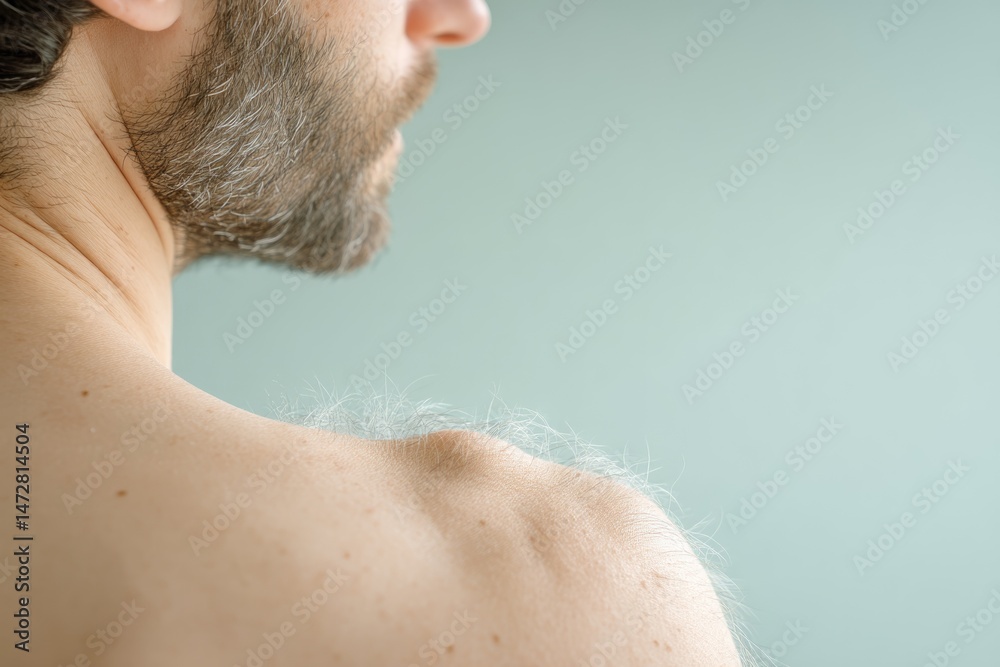 Fototapeta premium This Image Presents a Detailed Close-Up View of a Shoulder Adorned With Fine Body Hair, Beautifully Emphasizing the Natural Texture of the Skin. The Soft Light Delicately Plays Over the Subtle Contour