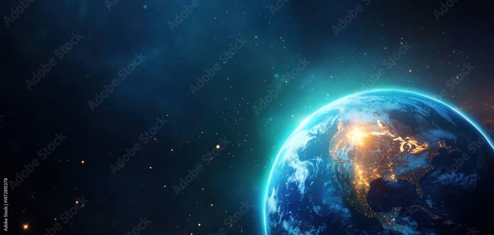 Fototapeta premium A stunning view of Earth from space, showcasing illuminated continents and a mesmerizing cosmic background.
