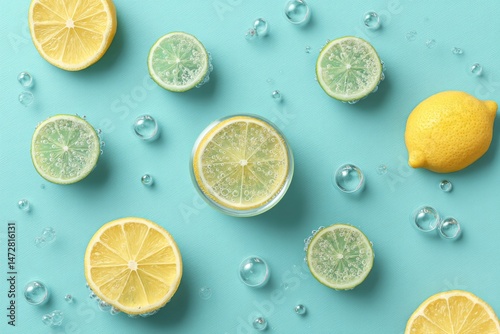 Refreshing Textures of Carbonated Lemon-Lime Sliced on a Vibrant Blue Surface With Bubbles and Whole Fruit