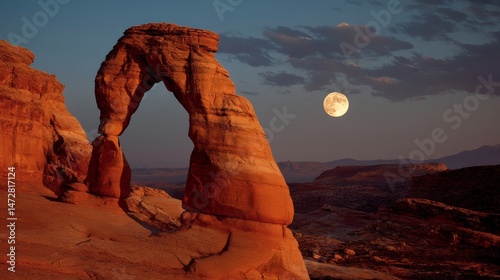 Glowing full moon by natural arch rock under twilight sky in desert canyon