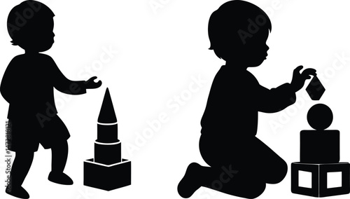 Black silhouette toddlers playing with building blocks, two scenes of children stacking toys black and white illustration