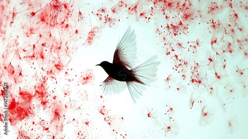   A black bird flying in the air with red stains on its back and wingtips