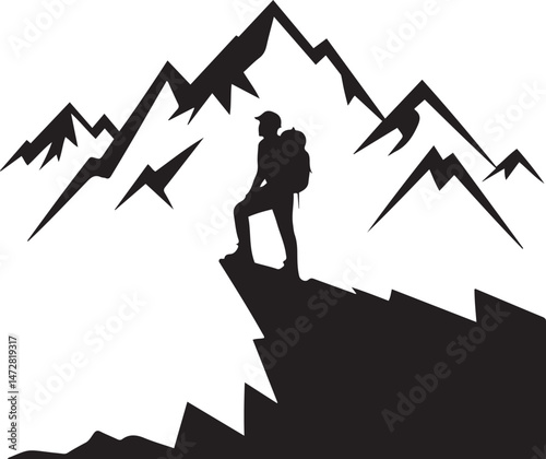 Mountain Hiker Silhouette, Black and White Vector Illustration for Adventure and Outdoor Design