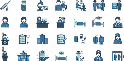 Hospital icon set. Collection of vaccination, doctor, laboratory and more. Vector illustration.