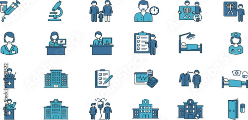 Hospital icon set. Collection of vaccination, doctor, laboratory and more. Vector illustration.