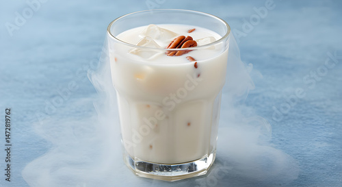 Iced Pecan Drink With Milk, Ice Cubes And a Cloud of White Mist