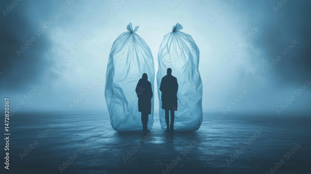 Human silhouettes enclosed in large transparent inflated plastic bags, plastic free bag day concept