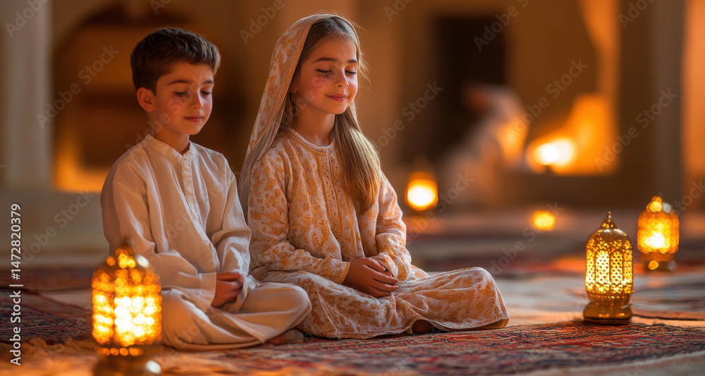 Traditional Muslim family in festive clothing praying together during Hijri New Year evening gathering at home