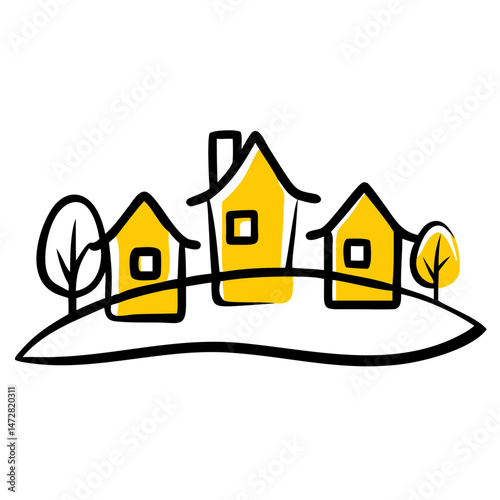 Neighborhood – Real Estate Community:
Illustration of multiple houses in a row, signifying a vibrant neighborhood, real estate community, or suburban residential area.