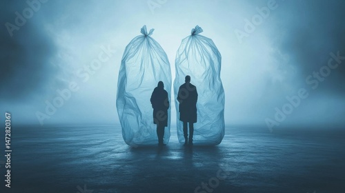 Obraz na płótnie Human silhouettes enclosed in large transparent inflated plastic bags, plastic free bag day concept w salonie