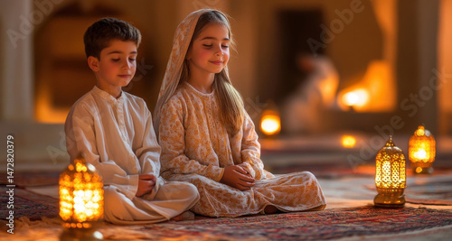 Obraz na płótnie Traditional Muslim family in festive clothing praying together during Hijri New Year evening gathering at home w salonie