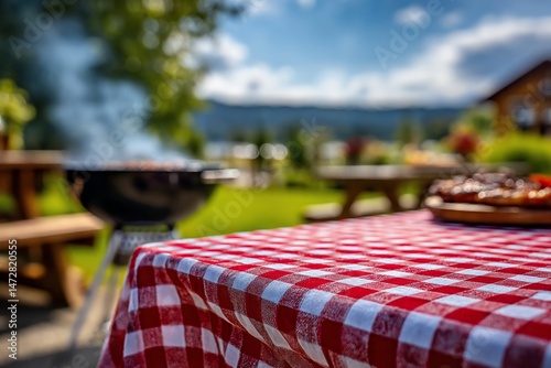Wallpaper Mural Backyard barbecue picnic. Outdoor grill, red checkered tablecloth on table Torontodigital.ca