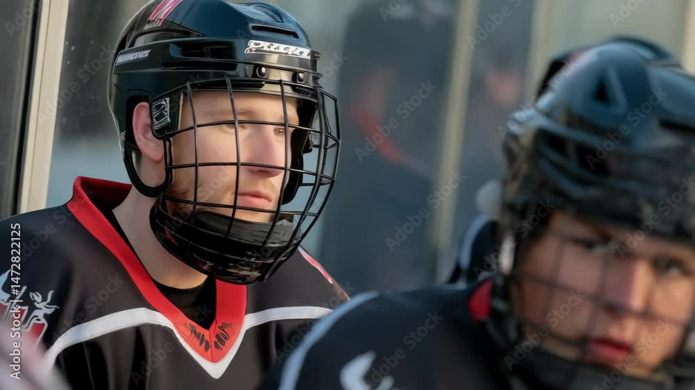 Young Male Hockey Players Sitting on Bench in Protective Gear Waiting to Play Young Male Hockey Players Sitting on Bench in Protective Gear Waiting to Play